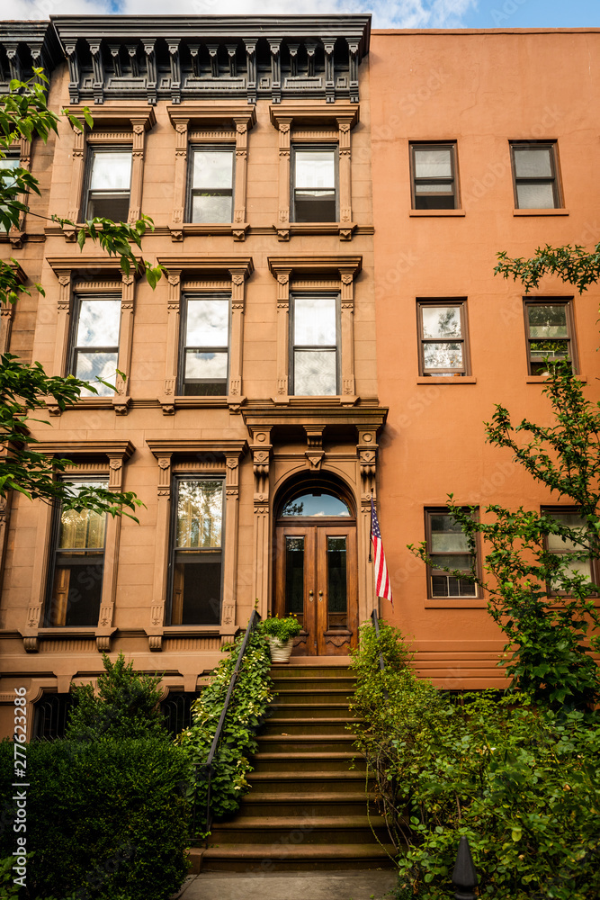 Historic brownsone building facade in Clinton Hill, Brooklyn, New York