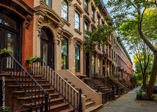 Scenic view of a classic Brooklyn brownstone block with a long facade and ornate stoop balustrades on a summer day in Clinton Hills, Brooklyn photo