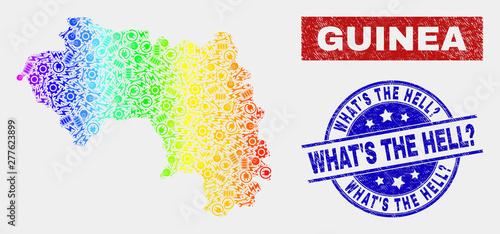 Element Republic of Guinea map and blue What'S the Hell? scratched seal stamp. Spectral gradiented vector Republic of Guinea map mosaic of engineering parts. Blue rounded What'S the Hell? seal.
