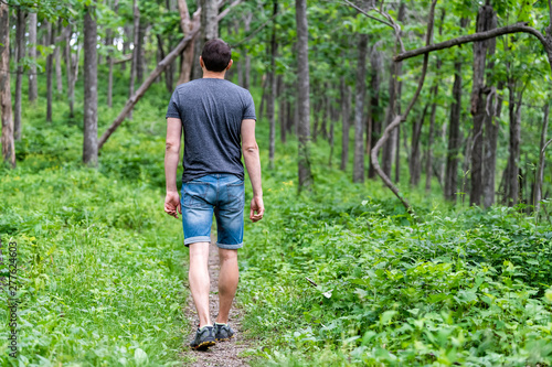 Young man back walking on Appalachian nature trail in Shenandoah Blue Ridge mountains with green grass lush foliage on path