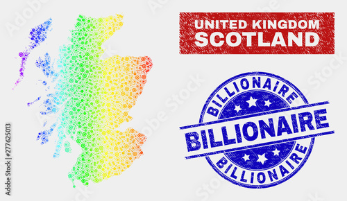 Constructor Scotland map and blue Billionaire textured seal. Colorful gradient vector Scotland map mosaic of equipment elements. Blue rounded Billionaire seal.