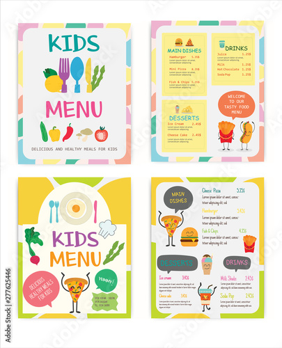 Cute colorful kids meal menu vector template