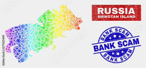 Service Shikotan Island map and blue Bank Scam grunge seal. Colorful gradiented vector Shikotan Island map mosaic of engineering. Blue round Bank Scam seal.
