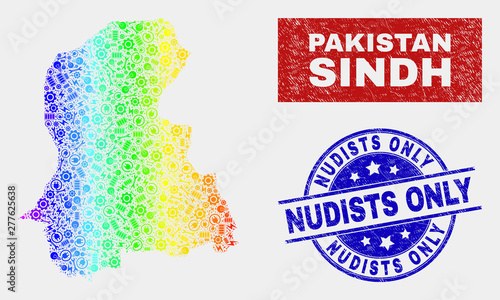 Assembly Sindh Province map and blue Nudists Only distress stamp. Spectrum gradiented vector Sindh Province map mosaic of service. Blue round Nudists Only stamp.