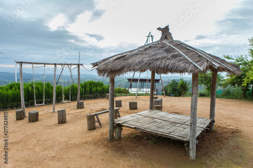 Bamboo hut  grass roof  Sky background image