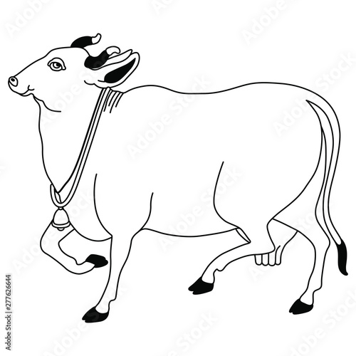 Black and white linear silhouette of a sacred Hindu cow.