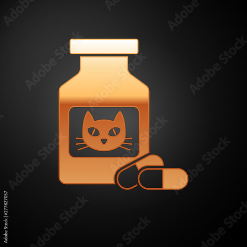 Gold Cat medicine bottle and pills icon isolated on black background. Container with pills. Prescription medicine for animal. Vector Illustration