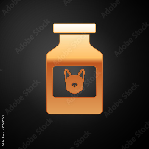 Gold Dog medicine bottle icon isolated on black background. Container with pills. Prescription medicine for animal. Vector Illustration