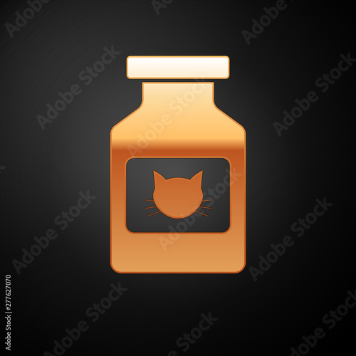 Gold Cat medicine bottle icon isolated on black background. Container with pills. Prescription medicine for animal. Vector Illustration