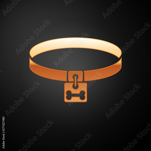 Gold Dog collar with name tag and bone plaque icon isolated on black background. Supplies for domestic animal. Cat and dog care. Pet dog chains. Vector Illustration
