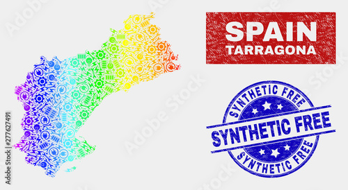 Component Tarragona Province map and blue Synthetic Free scratched stamp. Colorful gradiented vector Tarragona Province map mosaic of tools components. Blue round Synthetic Free stamp.