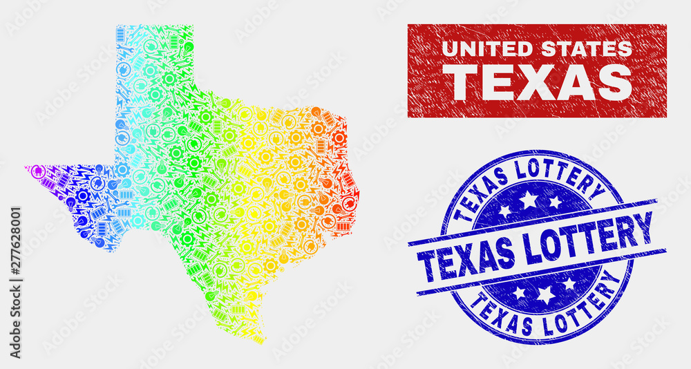 Tools Texas State map and blue Texas Lottery scratched seal. Colorful gradient vector Texas State map mosaic of tools parts. Blue round Texas Lottery badge.