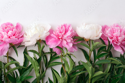 Flowers frame on white wooden background. Seasonal holiday romance  saint valentine  8 march celebration  Top view with copy space