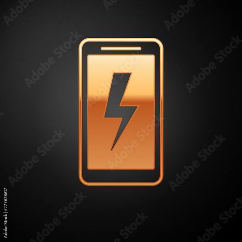 Gold Smartphone charging battery icon isolated on black background. Phone with a low battery charge. Vector Illustration
