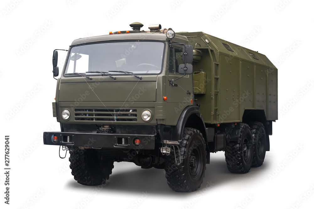 Mobile automotive kitchen PAK-200M-04 on the chassis of a KAMAZ truck is in service with the Russian Army. Isolated on white background