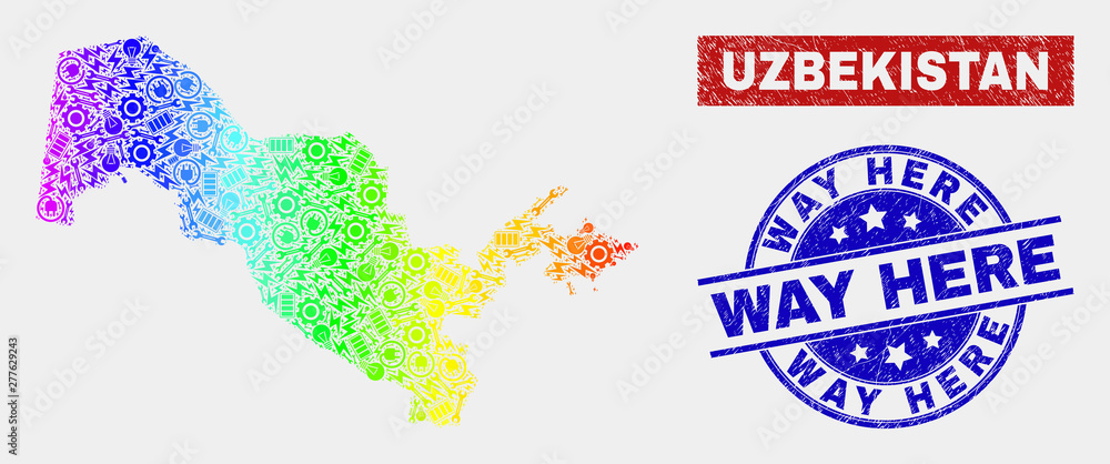 Engineering Uzbekistan map and blue Way Here textured seal. Rainbow colored gradiented vector Uzbekistan map mosaic of machinery. Blue round Way Here seal. Engineering Uzbekistan map and blue Way Here textured seal. Rainbow colored gradiented vector Uzbekistan map mosaic of machinery. Blue round Way Here seal.
