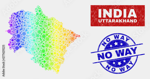 Engineering Uttarakhand State map and blue No Way textured seal stamp. Colorful gradiented vector Uttarakhand State map mosaic of machinery components. Blue rounded No Way stamp.