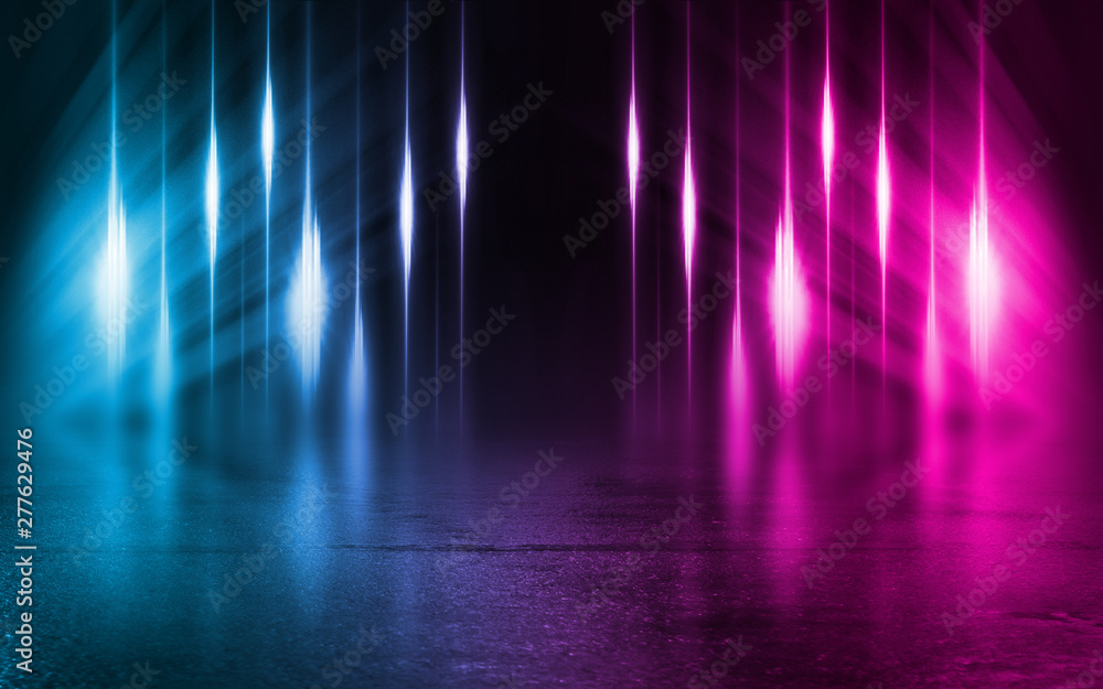 Fototapeta premium Empty background scene. Dark street reflection on wet asphalt. Rays of neon light in the dark, neon figures, smoke. Background of empty stage show. Abstract dark background.