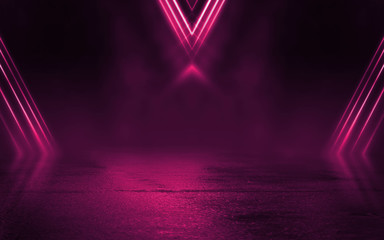 Empty background scene. Dark street reflection on wet asphalt. Rays of neon light in the dark, neon figures, smoke. Background of empty stage show. Abstract dark background.
