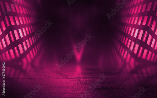Empty background scene. Dark street reflection on wet asphalt. Rays of neon light in the dark, neon figures, smoke. Background of empty stage show. Abstract dark background.
