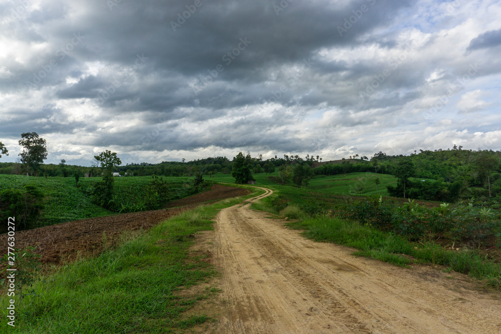 The rural route at the time before the light in the wet rainy season.