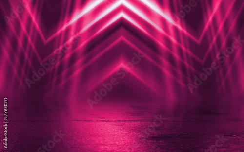 Empty background scene. Dark street reflection on wet asphalt. Rays of neon light in the dark, neon figures, smoke. Background of empty stage show. Abstract dark background.