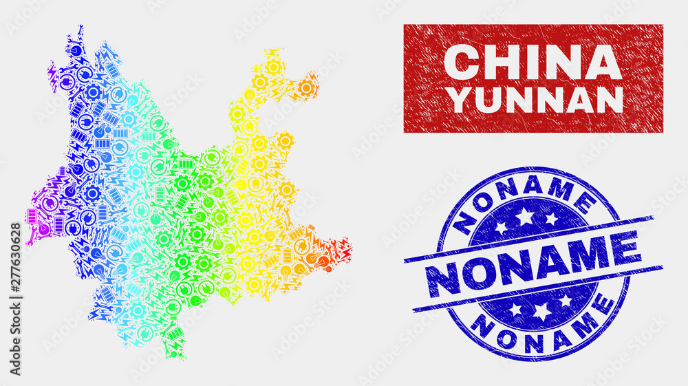 Element Yunnan Province map and blue Noname textured seal stamp. Rainbow colored gradiented vector Yunnan Province map mosaic of production parts. Blue rounded Noname imprint.
