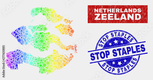 Component Zeeland Province map and blue Stop Staples distress seal. Colorful gradiented vector Zeeland Province map mosaic of service units. Blue round Stop Staples seal.