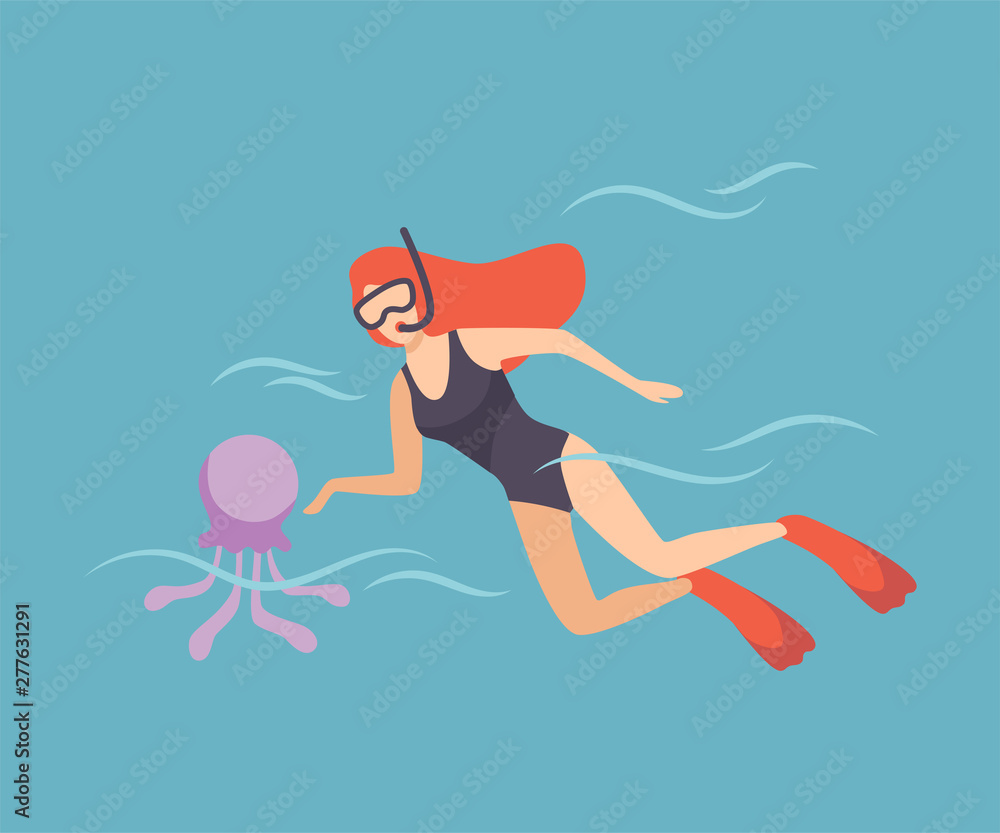 Female Diver with Scuba and Flippers Diving in Sea, Girl Doing Sports and Relaxing at Summer Vacation Vector Illustration