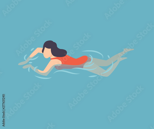 Brunette Girl in Red Swimsuit Swimming in Water, Woman Relaxing in the Sea, Ocean or Swimming Pool, Summer Outdoor Activities Vector Illustration