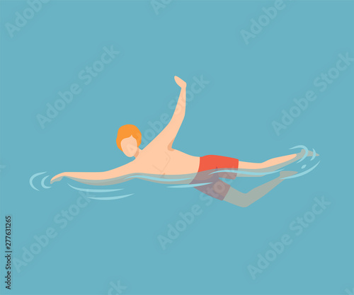 Young Man Swimming in Water, Guy Relaxing in the Sea, Ocean or Swimming Pool at Summer Vacation Vector Illustration