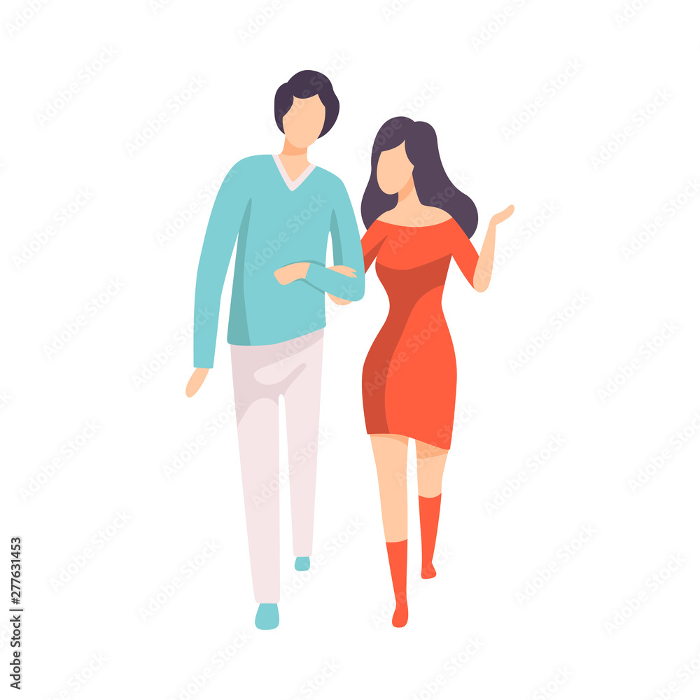 Young Couple Walking and Talking, People Speaking to Each Other Vector Illustration Young Couple Walking and Talking, People Speaking to Each Other Vector Illustration