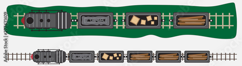 top view of steam locomotive and cargo car