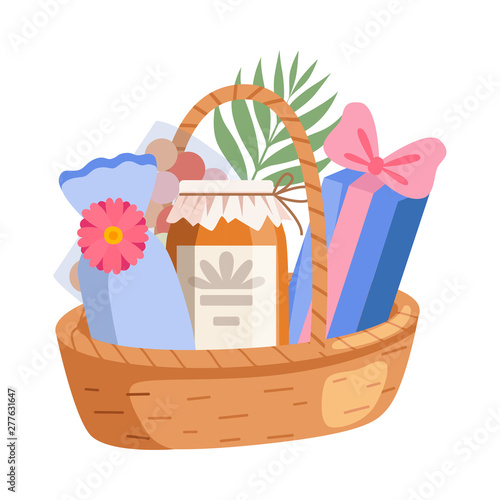 Holiday Present Basket Full of Gifts, Birthday, Xmas, Wedding, Anniversary Celebration Design Element Vector Illustration