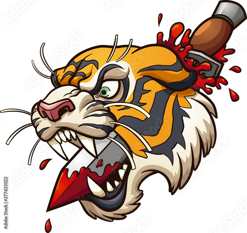 Cartoon tiger head stabbed by a dagger classic retro tattoo clipart. Vector illustration with simple gradients. All in a single layer. 