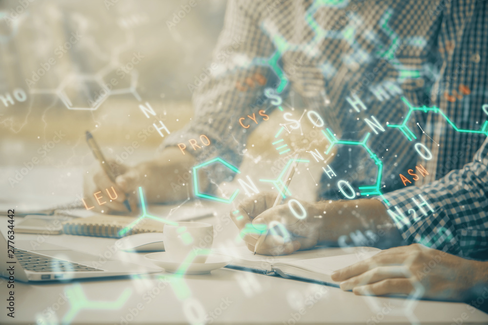 Science formula hologram with man working on computer on background. Education concept. Double exposure. Science formula hologram with man working on computer on background. Education concept. Double exposure.