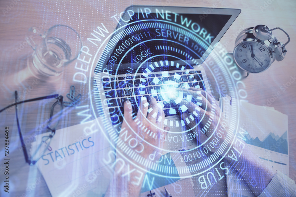 Businessman with computer background with technology theme hologram. Concept of big data. Double exposure. Businessman with computer background with technology theme hologram. Concept of big data. Double exposure.