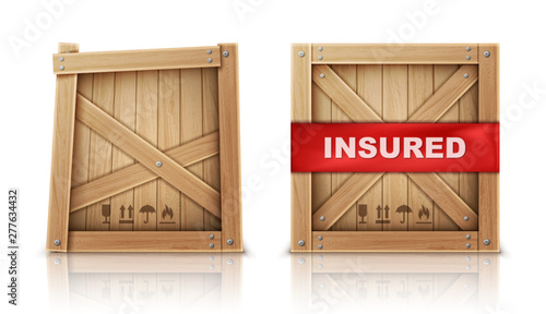 Wooden box closed by metal nails, damaged and with insurance realistic vector illustration Wooden cargo box, broken or cracked package and parcel with insured inscription, isolated on white background