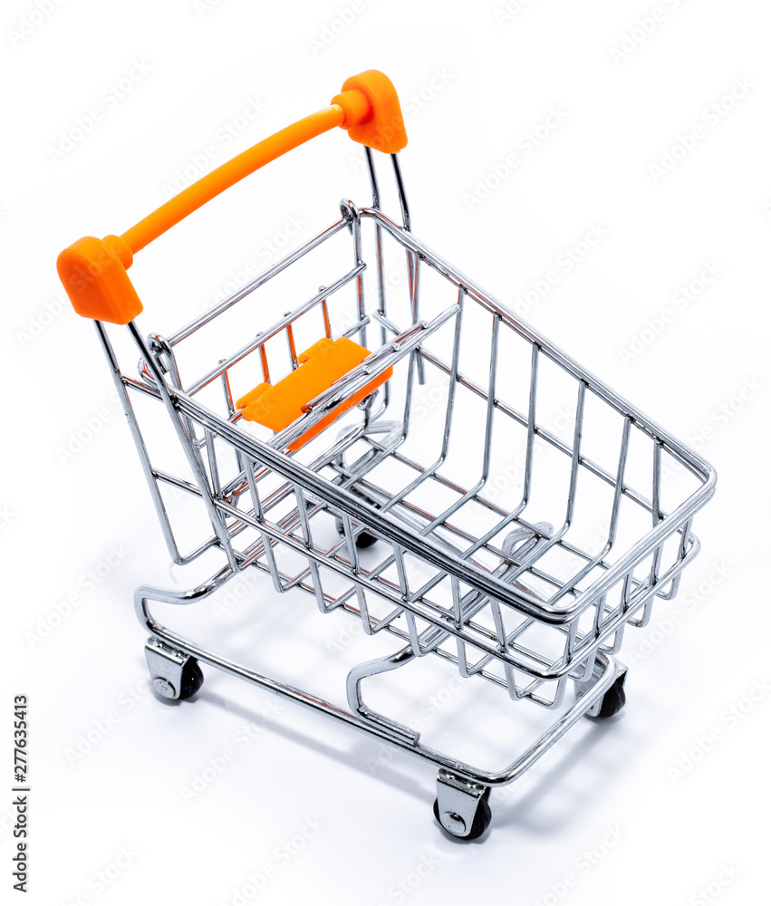 shopping cart isolated on white background, shopping cart miniature for advertising use, concept of commerce.