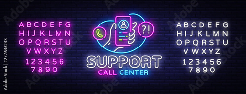 Support neon sign vector. Call Center Design template neon sign, light banner, neon signboard, nightly bright advertising, light inscription. Vector illustration. Editing text neon sign