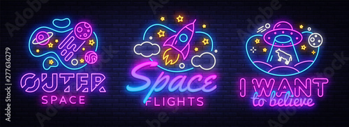 Space collection neon signs vector. Cosmic Theme design template concept. Neon banner background design, night symbol, modern trend design. Vectro Illustration