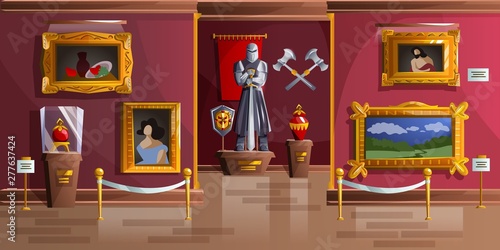 Museum exhibition room cartoon vector illustration. Palace interior, art gallery of medieval castle, empty hall with ancient portraits, knight armor statue and ancient weapons on wall, game background