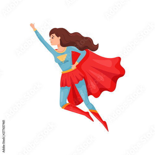Woman superhero in jump holds one hand up. Vector illustration on white background.