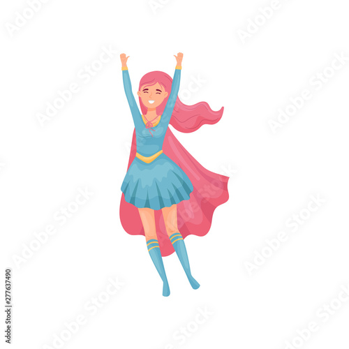 Woman superhero jumping up. Vector illustration on white background.