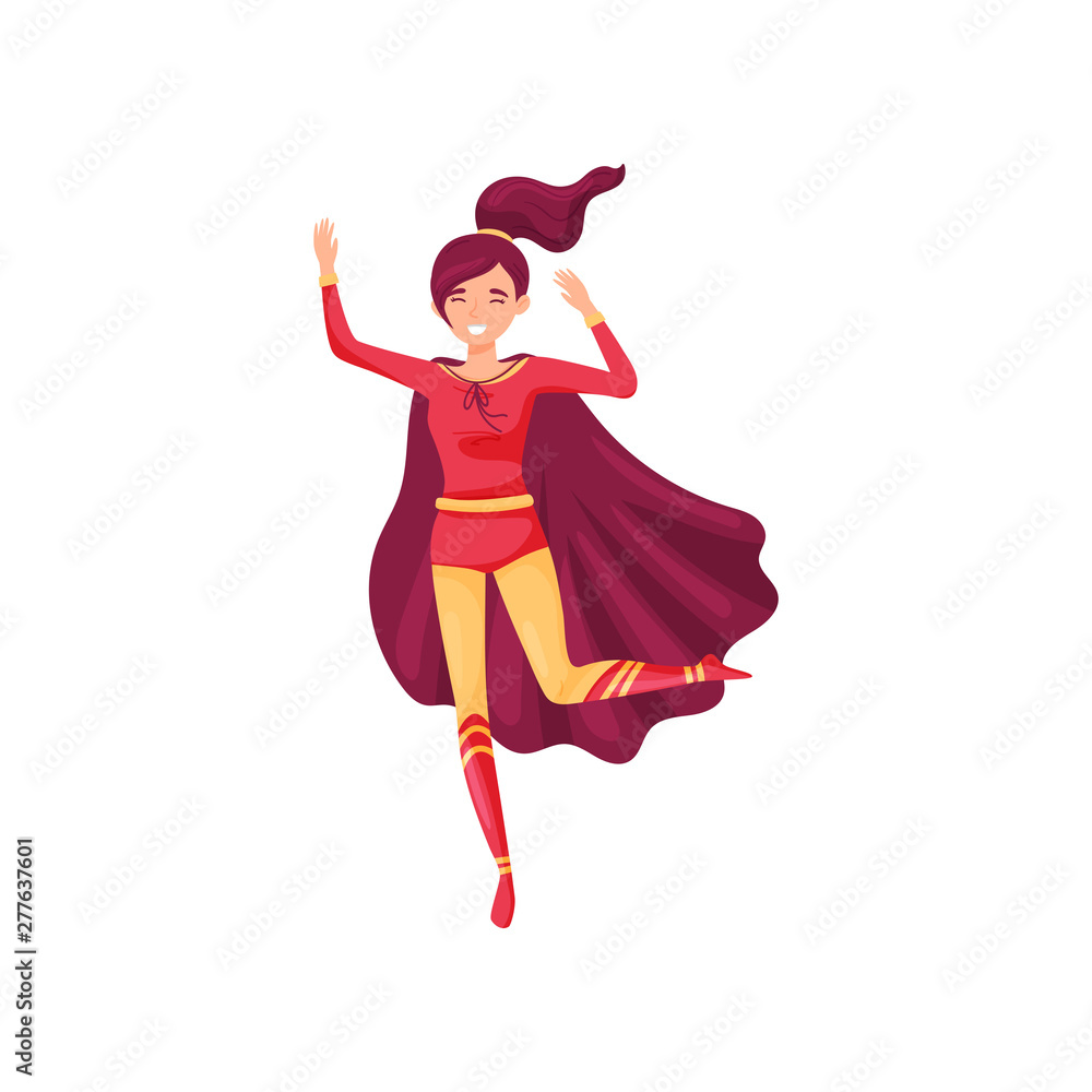 Woman super hero in a red-yellow. Vector illustration on white background.
