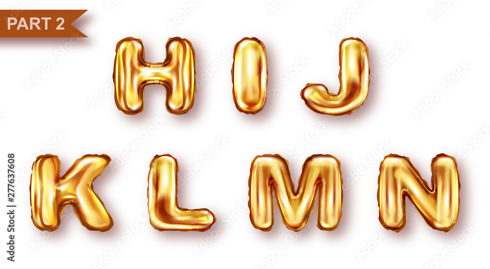 Alphabet golden balloons realistic vector. Inflatable golden letters of metal foil for childrens parties, shining font isolated on white background, part 2 Alphabet golden balloons realistic vector. Inflatable golden letters of metal foil for childrens parties, shining font isolated on white background, part 2