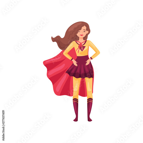 Woman super hero in an orange suit. Vector illustration on white background.