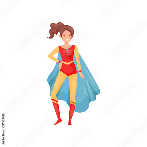 Brunette woman is a super hero in a red suit. Vector illustration on white background.