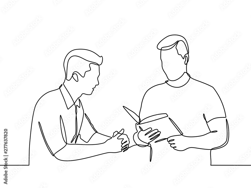 Continuous line drawing of two men studying. Two young students sit in the library or on campus and read books. Learning, Education. vector illustration isolated on white background