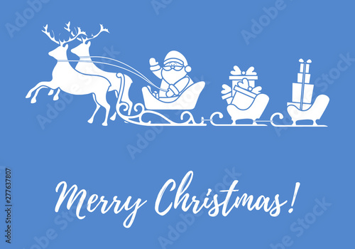Santa Claus with Christmas presents in sleighs with reindeers. New Year and Christmas illustration.